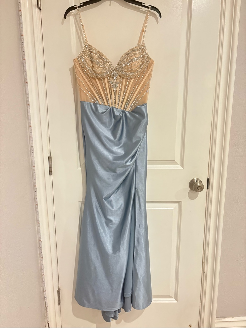Windsor Ivory Beaded Corset with Light Blue Satin Skirt Prom Dress - Picture 2 of 3
